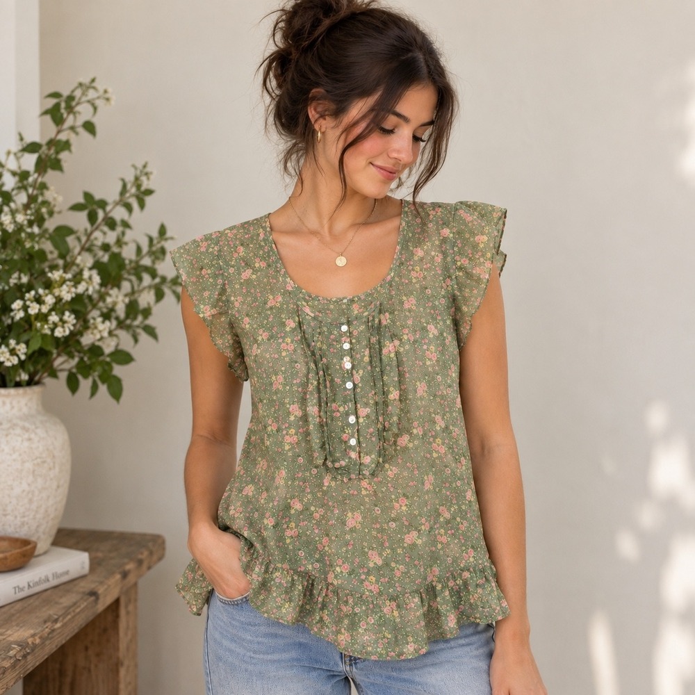 Y2K Sheer Fairycore Top Sz XL Forest Fairy Cottagecore Boho Whimsical Floral